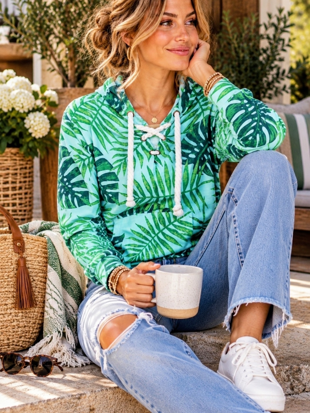 Southern Spirit Tropical Palm Leaf Lace Up Hoodie Green Blue Small Cozy Resort